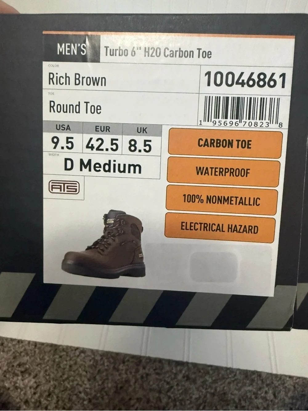 Ariat Men’s Turbo 6” H20 Carbon Toe Leather Work Boots size 9.5D